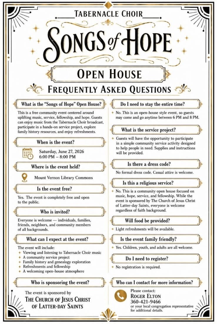 Songs of Hope event FAQ flyer