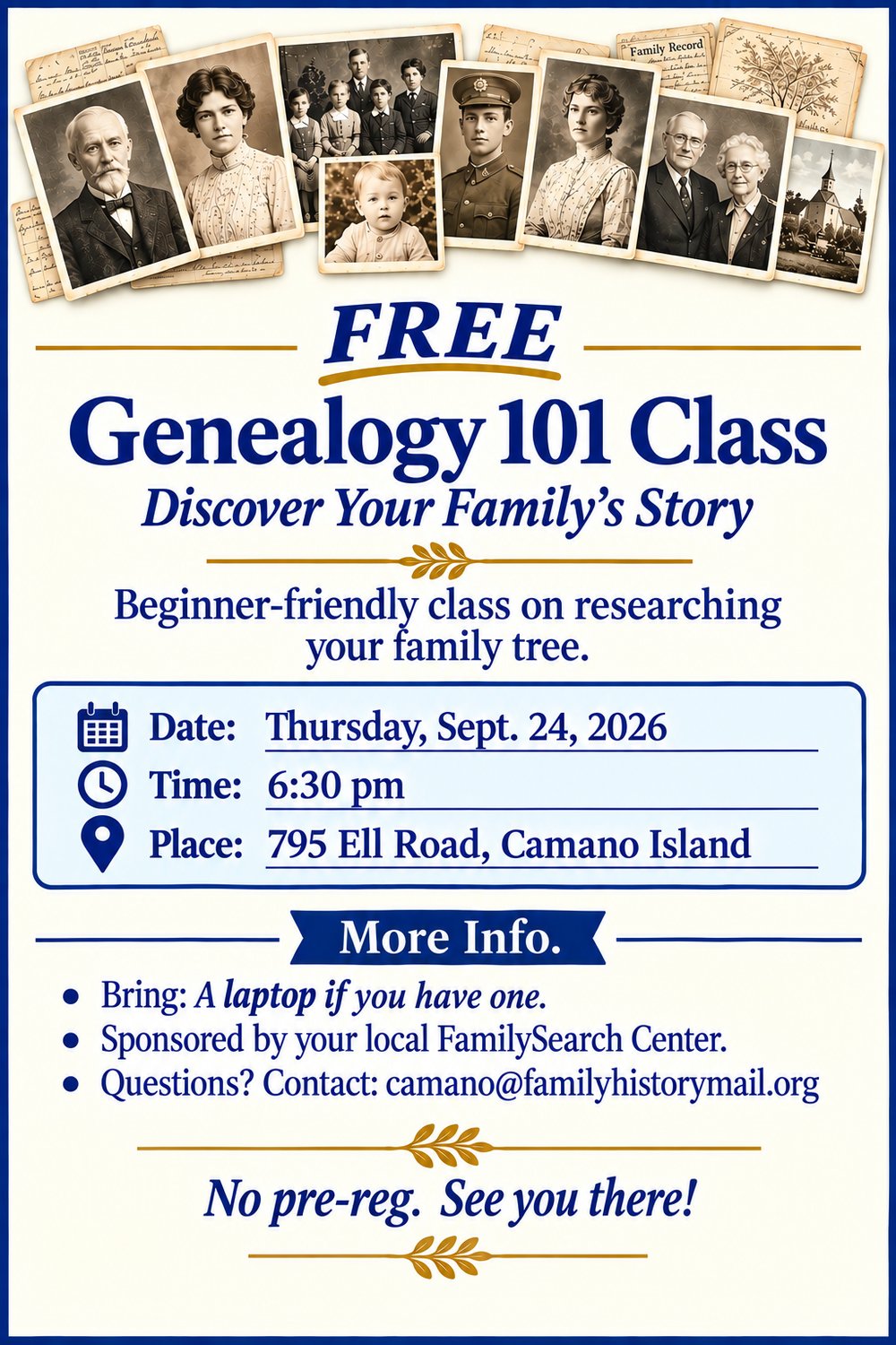 Free Genealogy 101 Class flyer: Discover Your Family's Story, Thursday, September 24 at 6:30 PM, 795 Ell Road, Camano Island