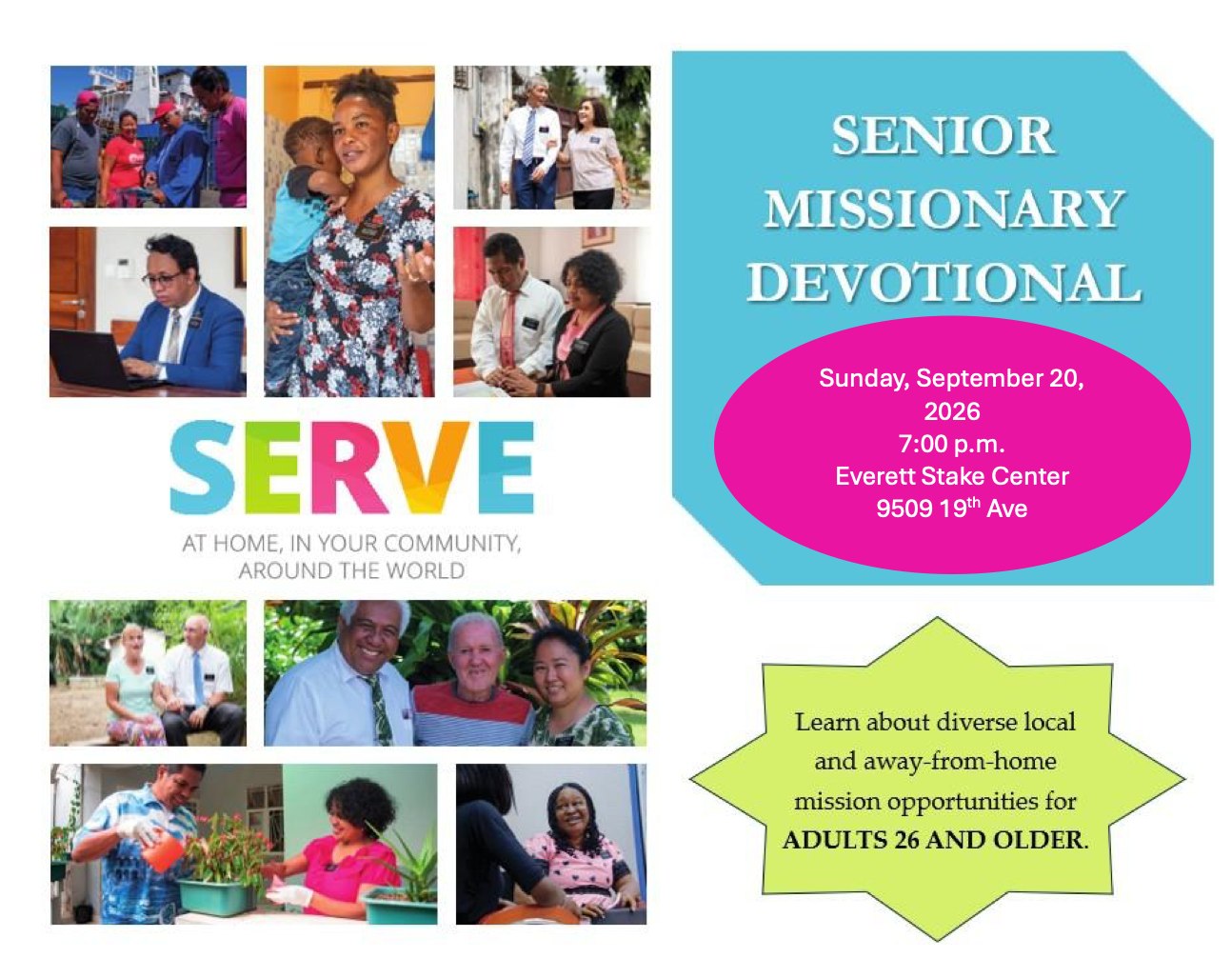 Senior Missionary Devotional flyer: Sunday, September 20, 2026, 7:00 PM, Everett Stake Center, 9509 19th Ave. Learn about local and away-from-home mission opportunities for adults 26 and older.